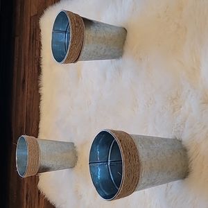 Set of 3 Metal Bucket Vases With Rope Accents